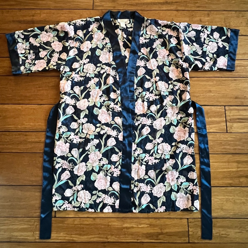 Vintage Inner Most Sheer Kimono Robe - Navy with Pink Floral Size L